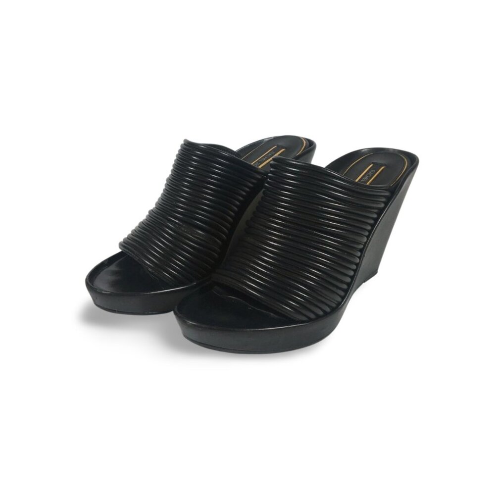 Rachel Zoe Keyla Slide Wedge Black Leather Open-Toe Sandals